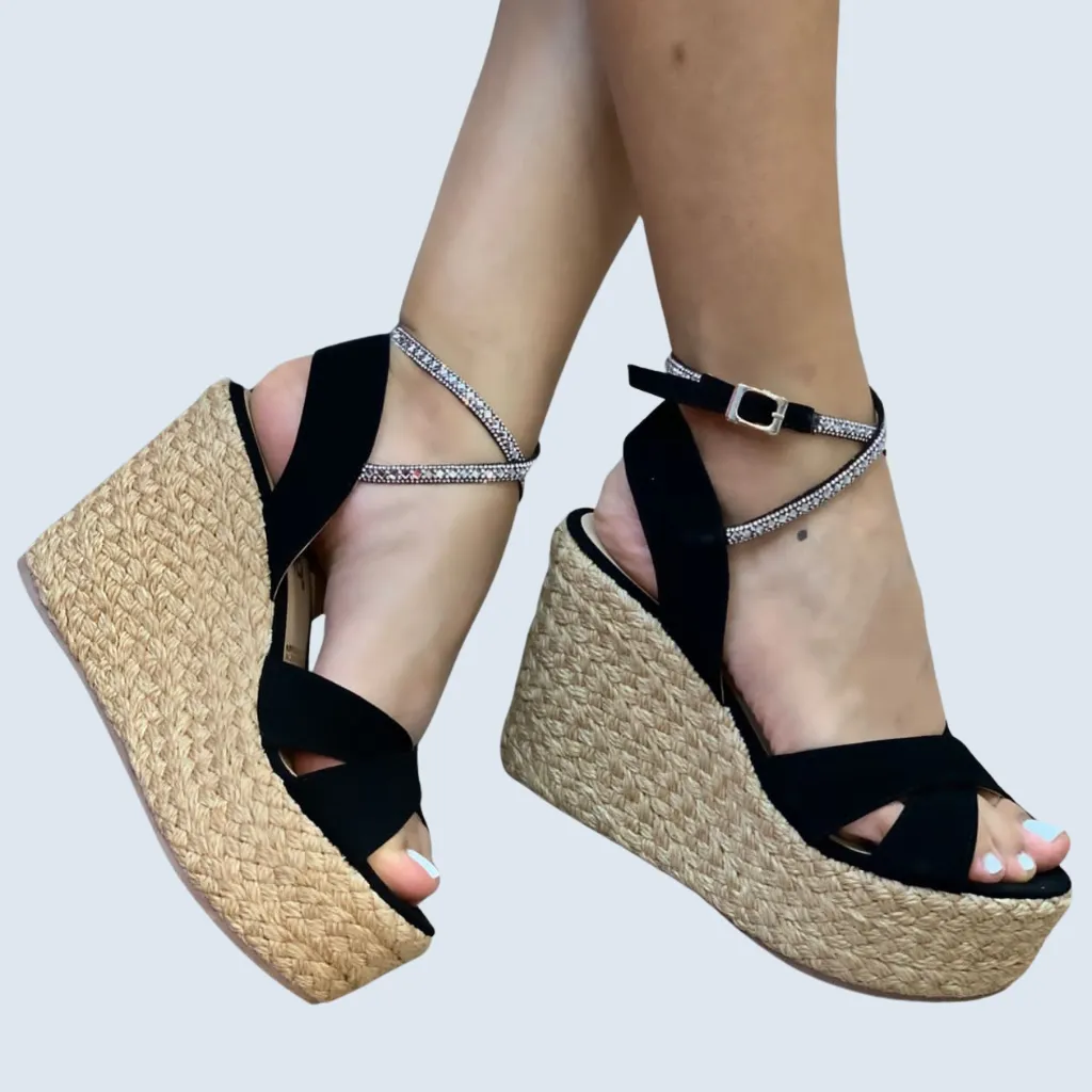 PLATAFORMA YUTE CAPELLADA CRUZADA Y PULSERA EN STRASS