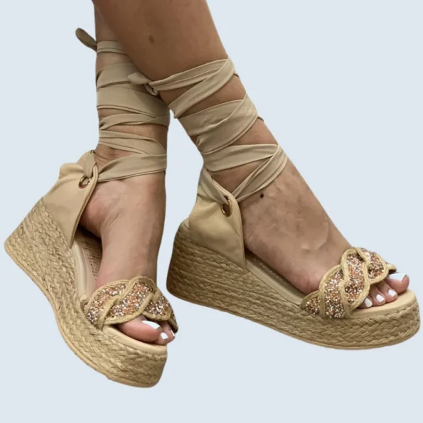 PLATAFORMA EN YUTE CAPELLADA TRENZA CON ESCARCHA T TIRAS DE AMARRAR